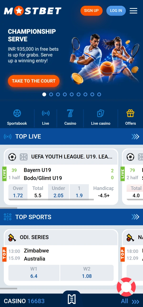 Browse the main screen layout inside the mobile Mostbet App.