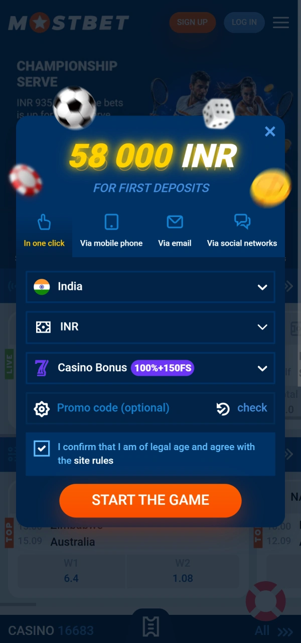 View the sign up form layout featured in Mostbet App.