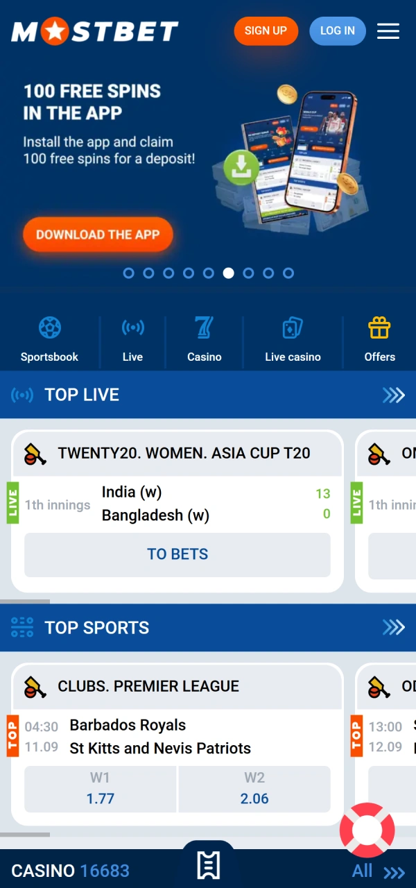 Check the live sportsbook betting interface of Mostbet App.