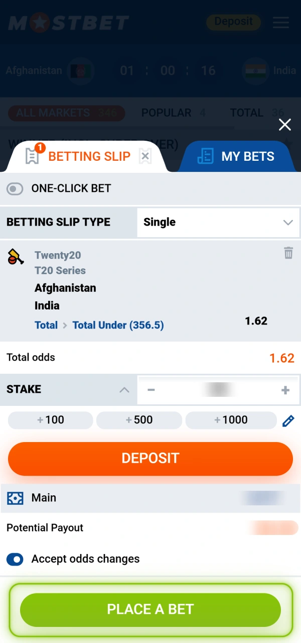 Submit your ticket to confirm your live Mostbet cricket bet instantly.