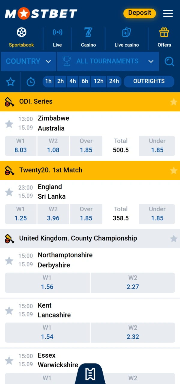 Choose any active match for a profitable Mostbet cricket bet online.
