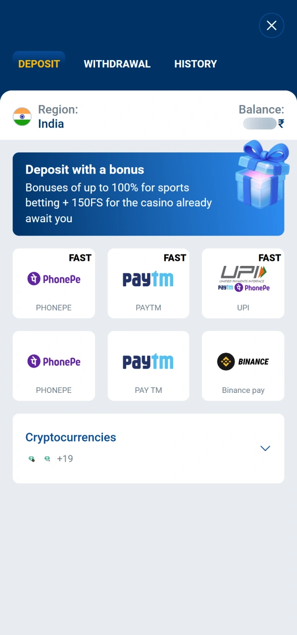 Pick your preferred payment service to proceed with Mostbet deposit.