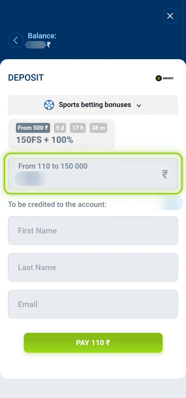 Type the required sum of money for your Mostbet deposit.