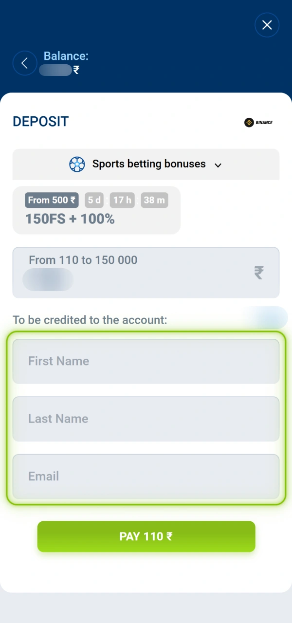 Fill in your transaction credentials to execute the Mostbet deposit.