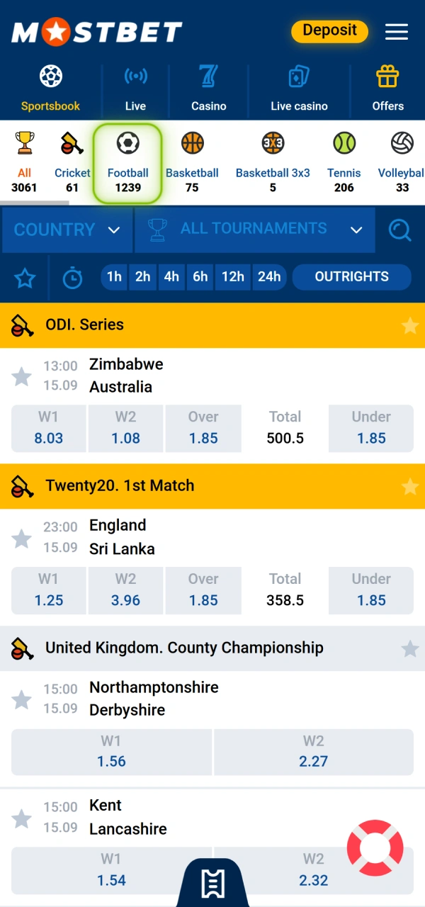 Locate the tournament list to make your Mostbet football bet decision.