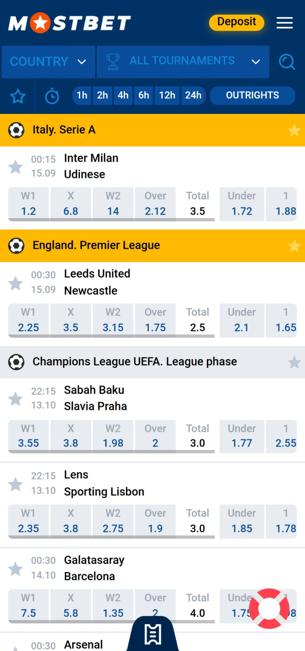 Click on any preferred game for a successful Mostbet football bet.