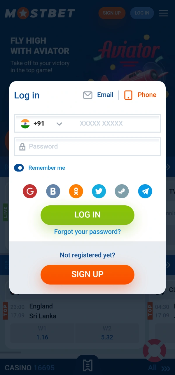 Complete first account entry after phone Mostbet Registration success.