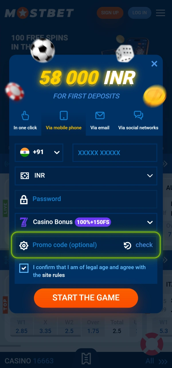 Apply special combination while doing phone Mostbet Registration now.
