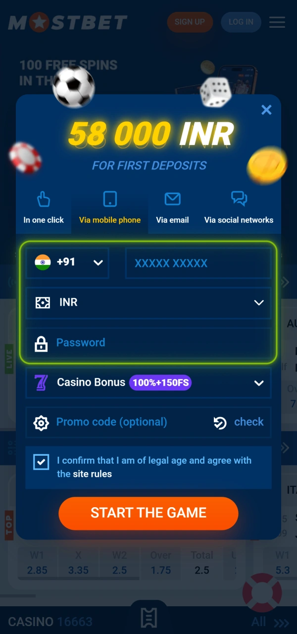 Provide phone number to continue phone Mostbet Registration steps.