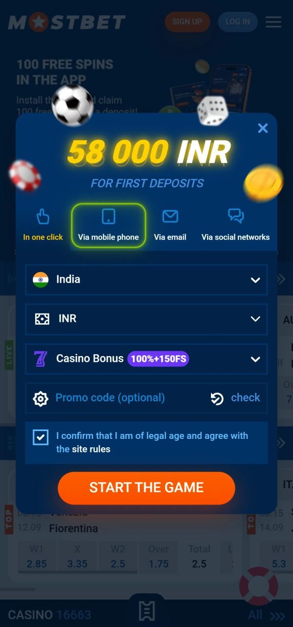 Click sign up button during phone Mostbet Registration process.